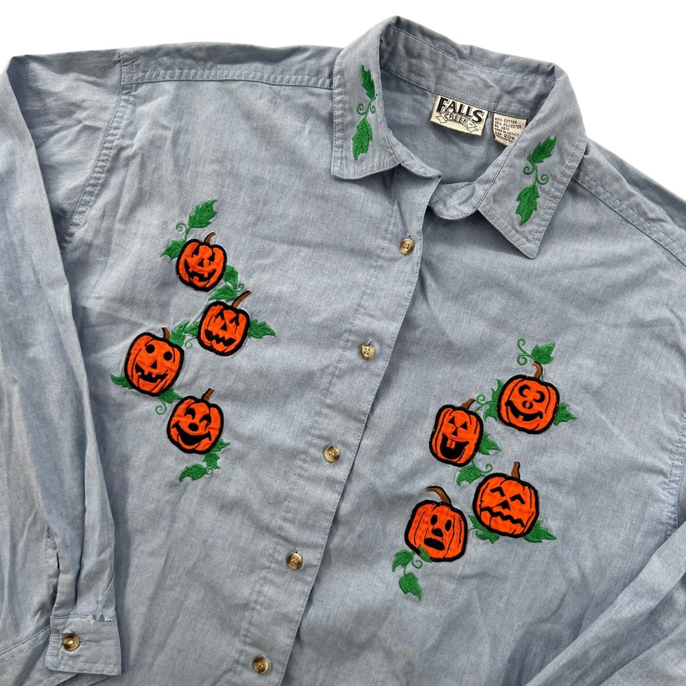 Falls Creek Button Down Women 20W Blue Pumpkin Embroidered Halloween Fall Blouse